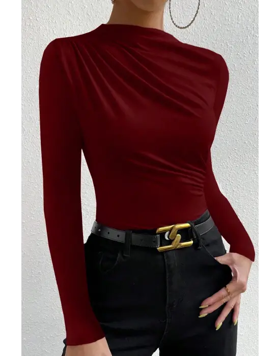 Kadın Bordo Belden ve Boyundan Büzgü Detaylı Uzun Kollu Bluz