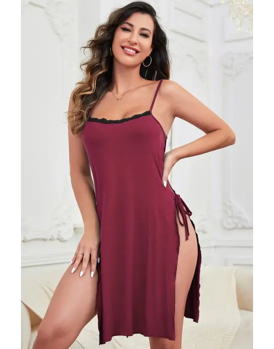 Omarı Siyah Cut Out Detaylı Yırtmaçlı Sexy Gecelik