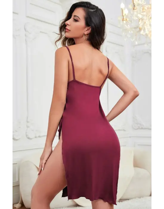 Omarı Siyah Cut Out Detaylı Yırtmaçlı Sexy Gecelik