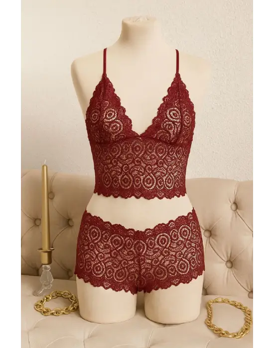 Kadın Bordo Dantel Bralet Şort Takımı – Asil ve Sofistike İç Giyim
