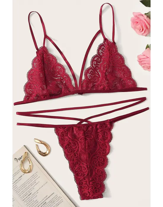 Omarı Bordo Dantel Sütyen Külot Takımı
