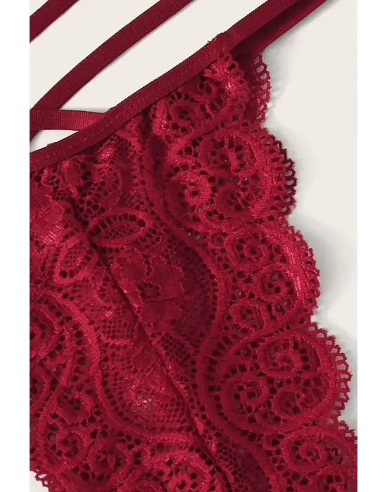 Omarı Bordo Dantel Sütyen Külot Takımı