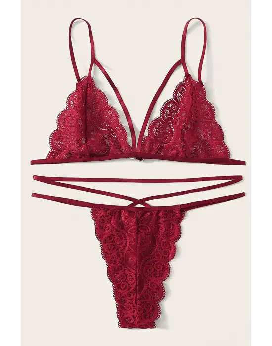 Omarı Bordo Dantel Sütyen Külot Takımı