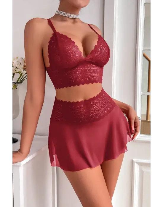 Omarı Tül Detaylı Kadın Bordo Şık Gecelik Takımı