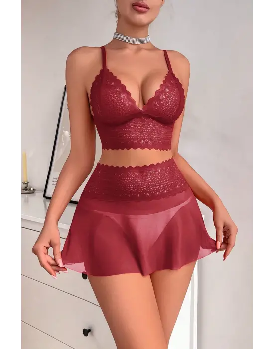 Omarı Tül Detaylı Kadın Bordo Şık Gecelik Takımı