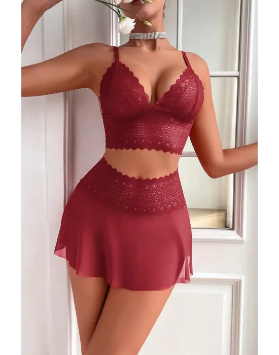 Omarı Tül Detaylı Kadın Bordo Şık Gecelik Takımı