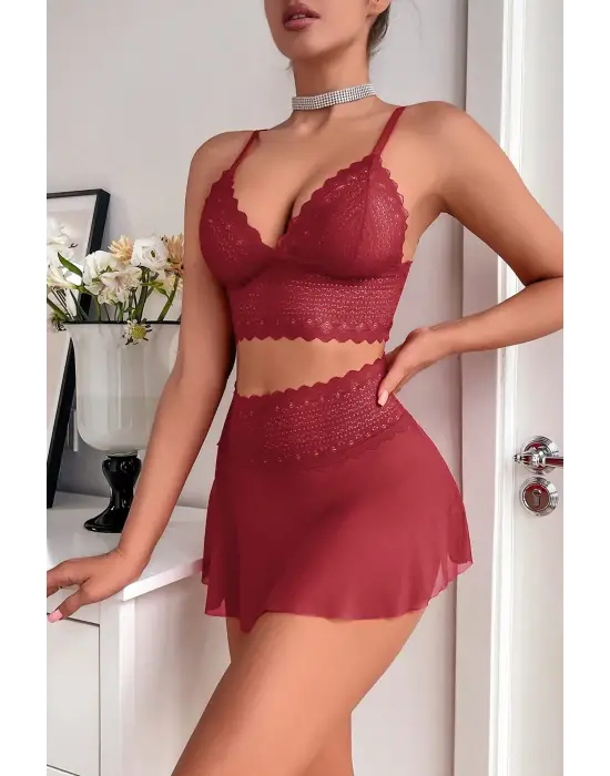 Omarı Tül Detaylı Kadın Bordo Şık Gecelik Takımı