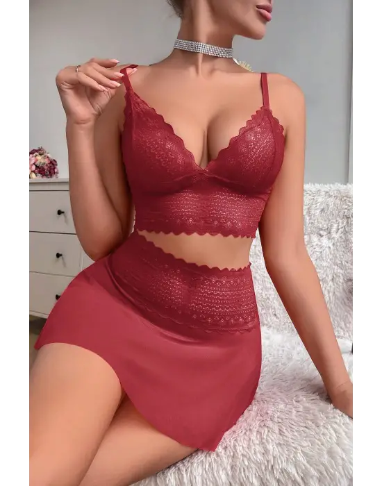 Omarı Tül Detaylı Kadın Bordo Şık Gecelik Takımı