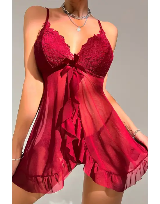 Omarı Efsane Görünüm: Bordo Dantelli Tül Tangalı Gecelik Seti