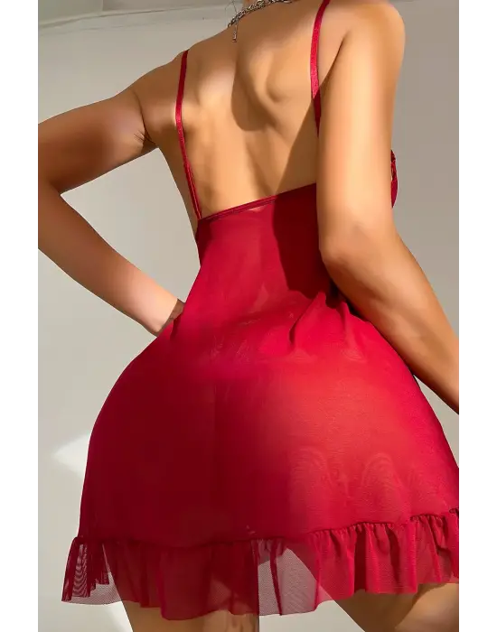 Omarı Efsane Görünüm: Bordo Dantelli Tül Tangalı Gecelik Seti