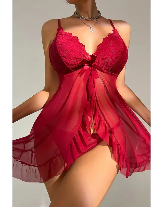 Omarı Efsane Görünüm: Bordo Dantelli Tül Tangalı Gecelik Seti