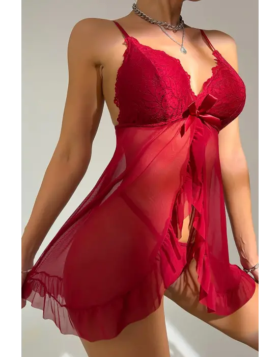 Omarı Efsane Görünüm: Bordo Dantelli Tül Tangalı Gecelik Seti