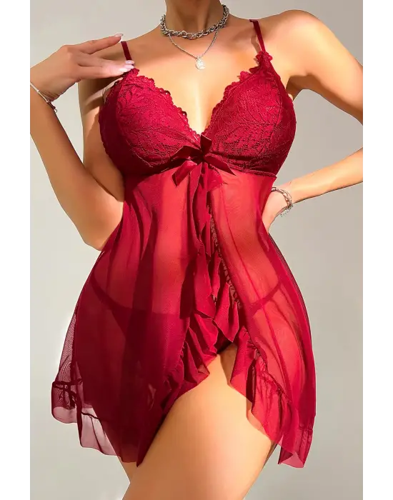 Omarı Efsane Görünüm: Bordo Dantelli Tül Tangalı Gecelik Seti