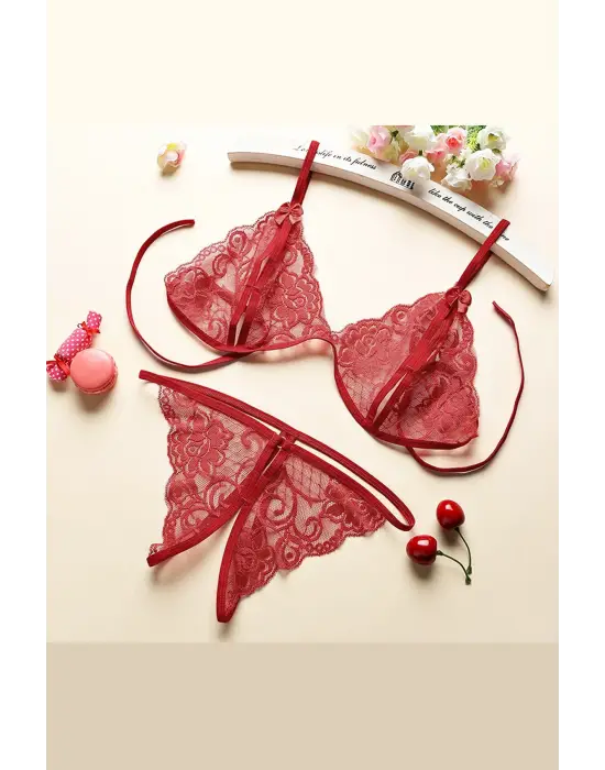 Omarı Bordo Dantelli Kadın Sütyen Külot Seti