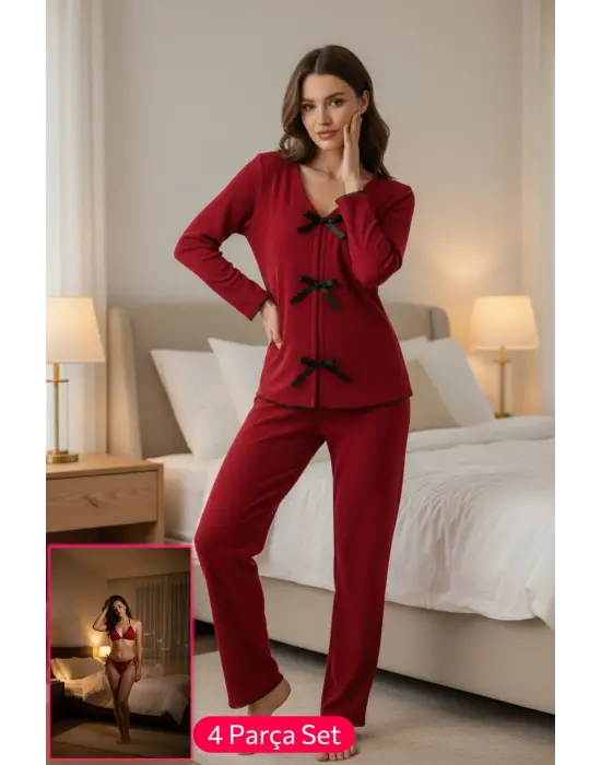 Kadın Bordo Fiyonklu İç Çamaşırı ve Uzun Kollu V Yaka Pijama Takımı 4lü Set