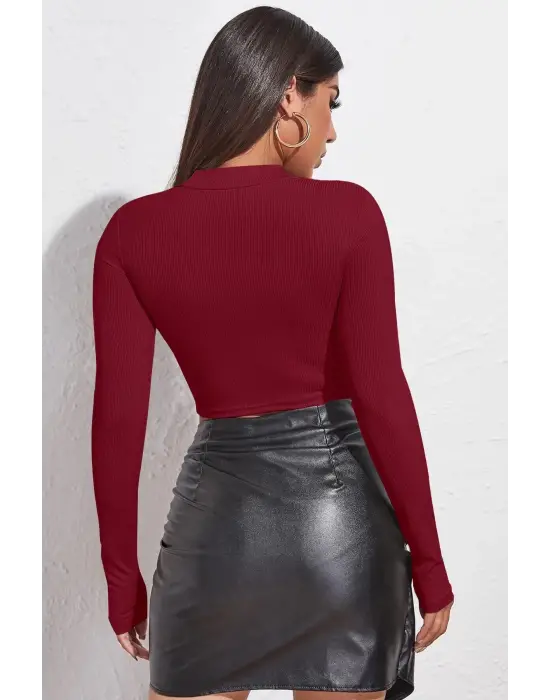 Omarı Bordo Göğüs Dekolteli Crop Top Bluz