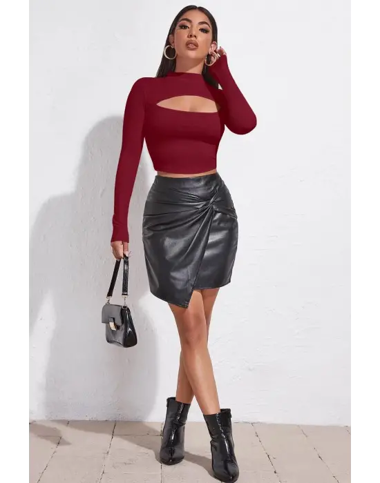 Omarı Bordo Göğüs Dekolteli Crop Top Bluz
