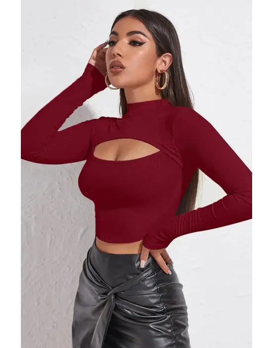 Omarı Bordo Göğüs Dekolteli Crop Top Bluz