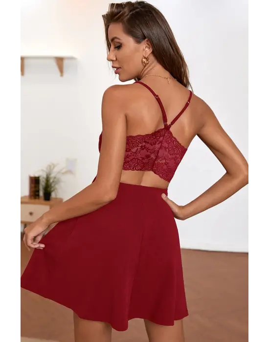 Omarı Dantel Detaylı Şık Kadın Bordo İp Askılı Gecelik