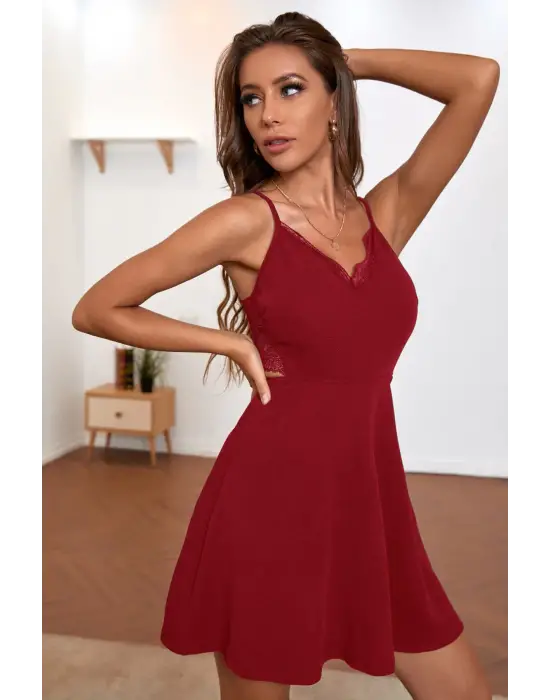Omarı Dantel Detaylı Şık Kadın Bordo İp Askılı Gecelik
