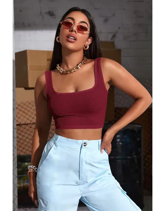 Omarı Bordo Kalın Askılı Crop Top