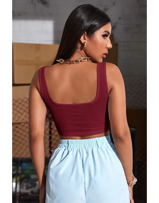 Omarı Bordo Kalın Askılı Crop Top