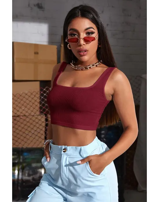 Omarı Bordo Kalın Askılı Crop Top