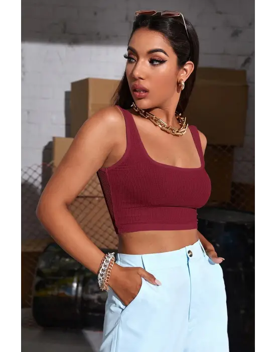 Omarı Bordo Kalın Askılı Crop Top