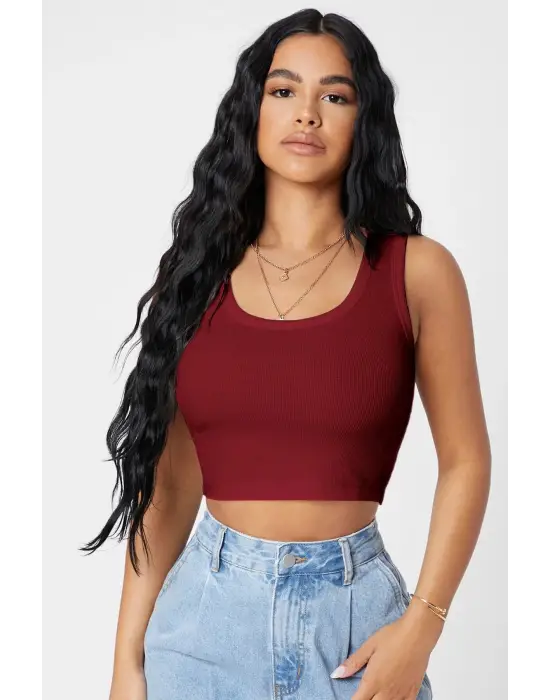 Omarı Bordo Kare Yaka Crop Top Bluz