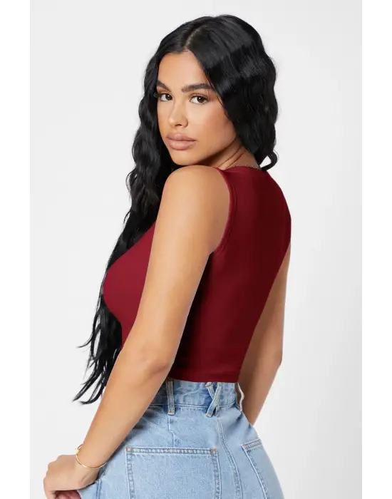 Omarı Bordo Kare Yaka Crop Top Bluz