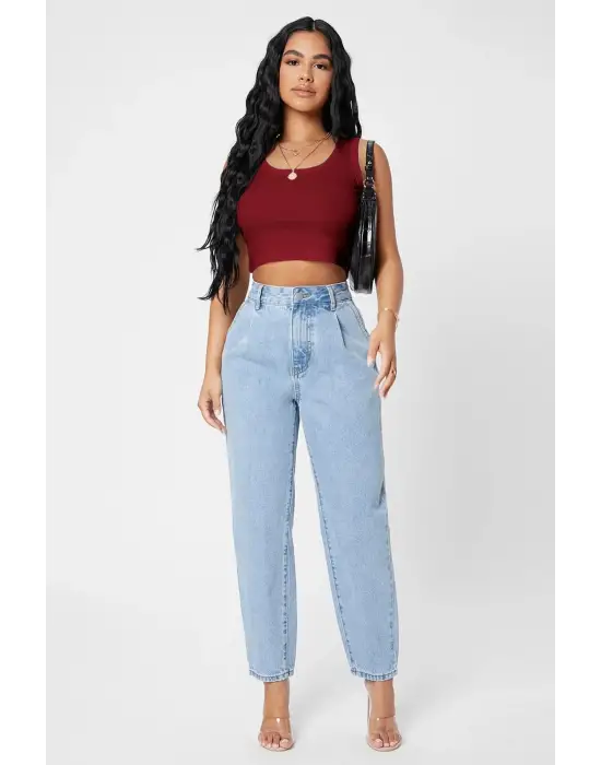 Omarı Bordo Kare Yaka Crop Top Bluz