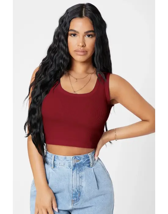 Omarı Bordo Kare Yaka Crop Top Bluz