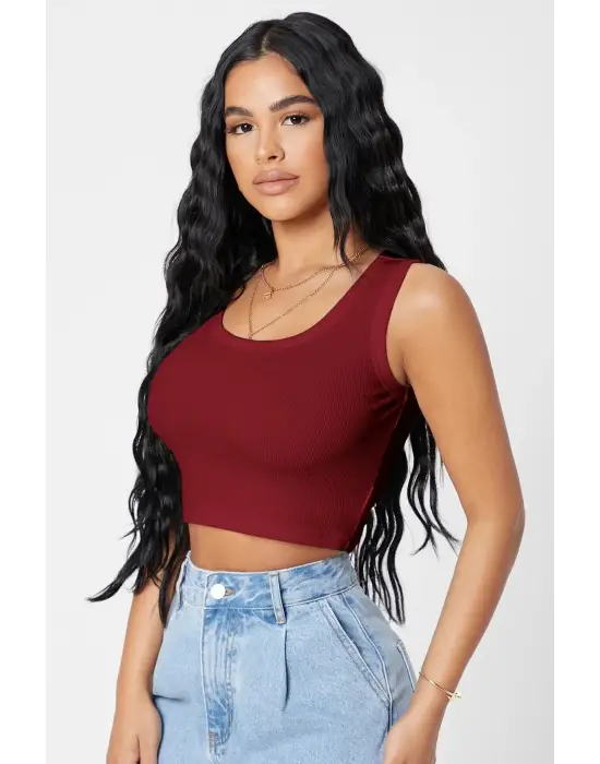 Omarı Bordo Kare Yaka Crop Top Bluz