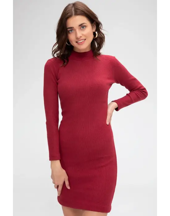 Omarı Bordo Kaşkorse Bodycon Mini Elbise