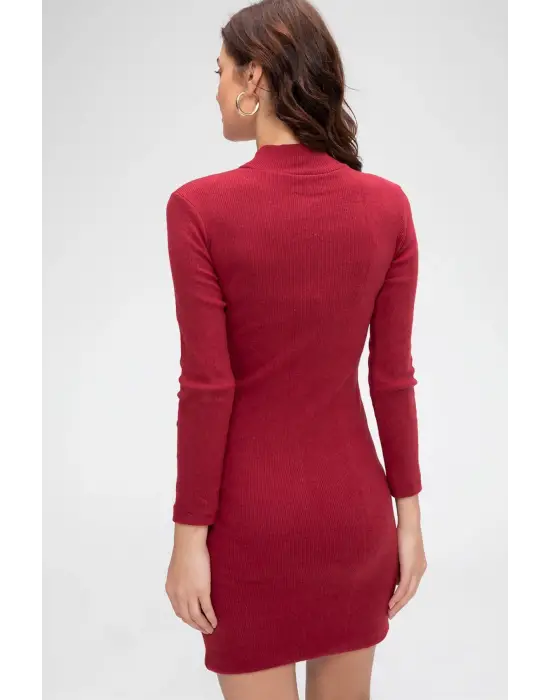 Omarı Bordo Kaşkorse Bodycon Mini Elbise