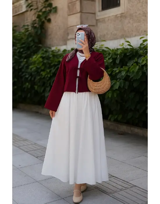 Kadın Bordo Kısa Kimono Ceket – Zarif ve Şık Kombin Parçası