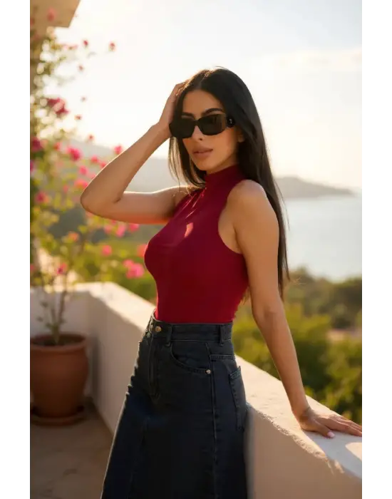 Kadın Bordo Kolsuz Balıkçı Yaka Basic Bluz