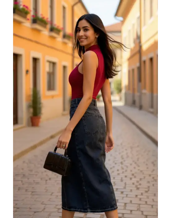 Kadın Bordo Kolsuz Balıkçı Yaka Basic Bluz