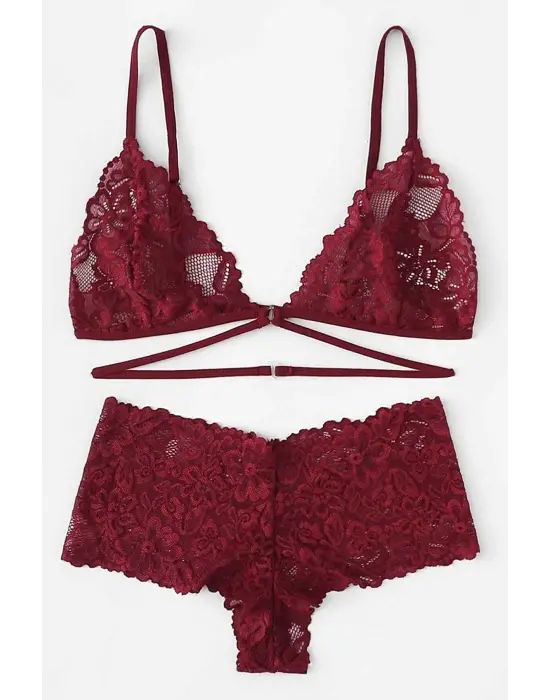 Omarı Özel Tasarım Kadın Bordo Sütyen Külot Takımı