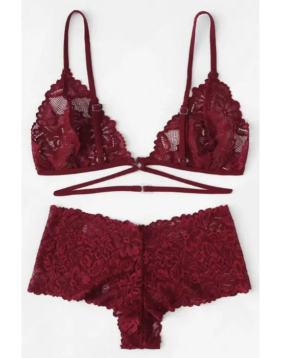 Omarı Özel Tasarım Kadın Bordo Sütyen Külot Takımı