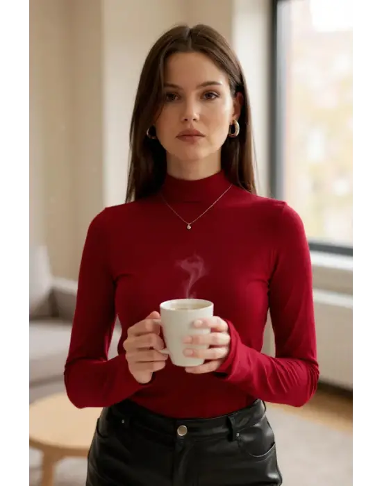 Kadın Bordo Parmak Detaylı Esnek Uzun Kollu Body