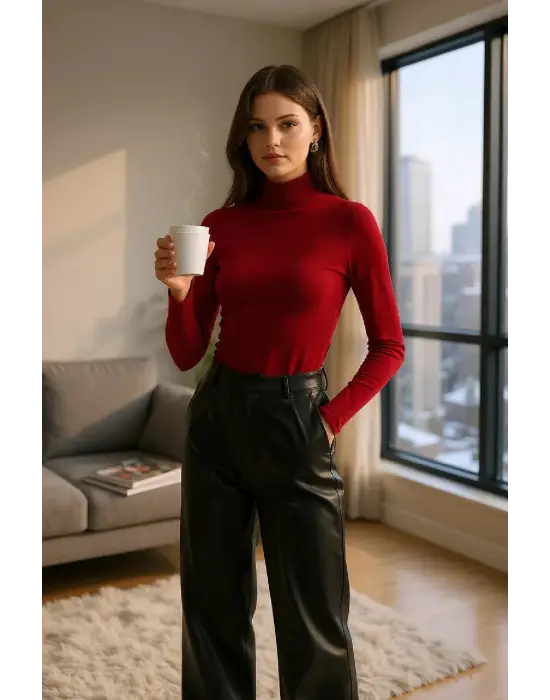 Kadın Bordo Parmak Detaylı Esnek Uzun Kollu Body