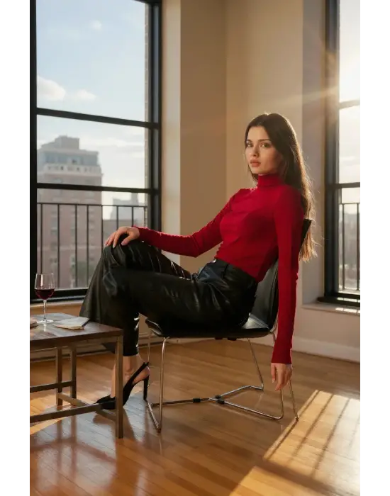 Kadın Bordo Parmak Detaylı Esnek Uzun Kollu Body