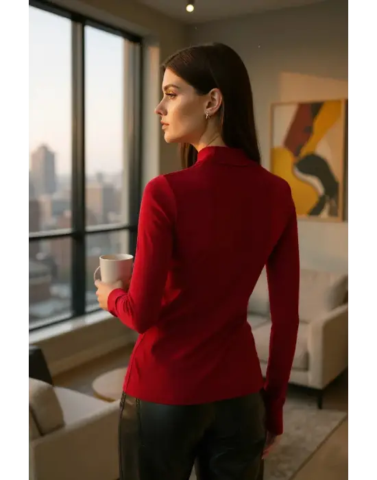 Kadın Bordo Parmak Detaylı Esnek Uzun Kollu Body