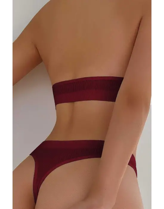Omarı Süper Şık Bordo Seamless Tanga Sütyen Seti