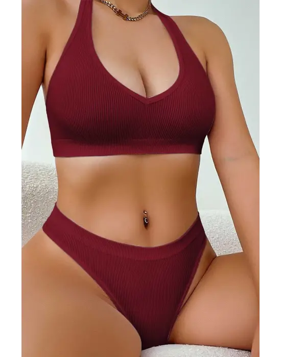 Omarı Süper Şık Bordo Seamless Tanga Sütyen Seti