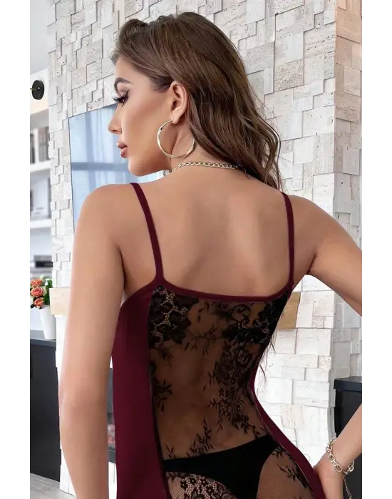 Omarı Bordo Dantelli Mini Gecelik - Şık ve Cazip Tasarım