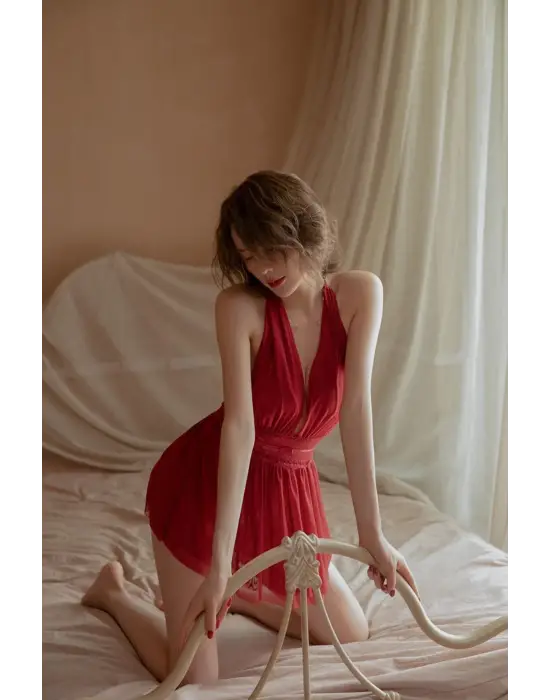 Omarı Bordo Sırtı Açık Dantelli Gecelik Takım