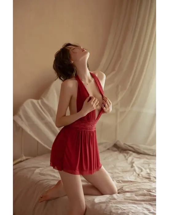 Omarı Bordo Sırtı Açık Dantelli Gecelik Takım