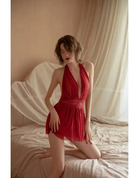 Omarı Bordo Sırtı Açık Dantelli Gecelik Takım